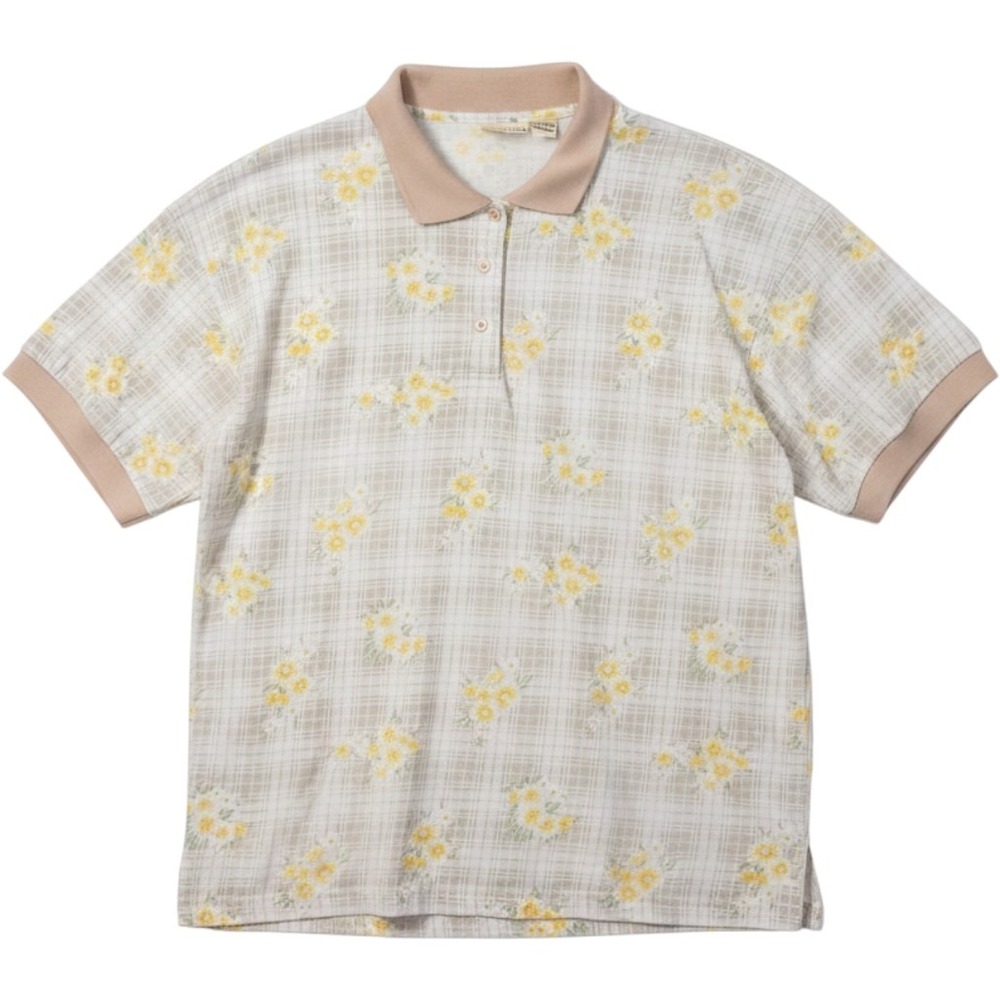 Just For Women Polo Shirt Women 1X Tan Floral Plaid Vintage Excellent Preppy